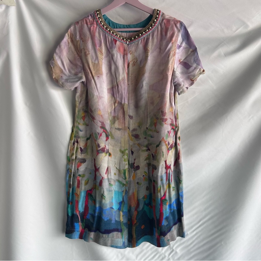 Blank London Watercolor Viscose Crepe Satin Short Sleeve Dress | Size Large - Picture 8 of 14